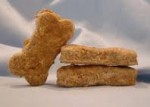 2 stacked dog biscuits, with one leaning biscuit.